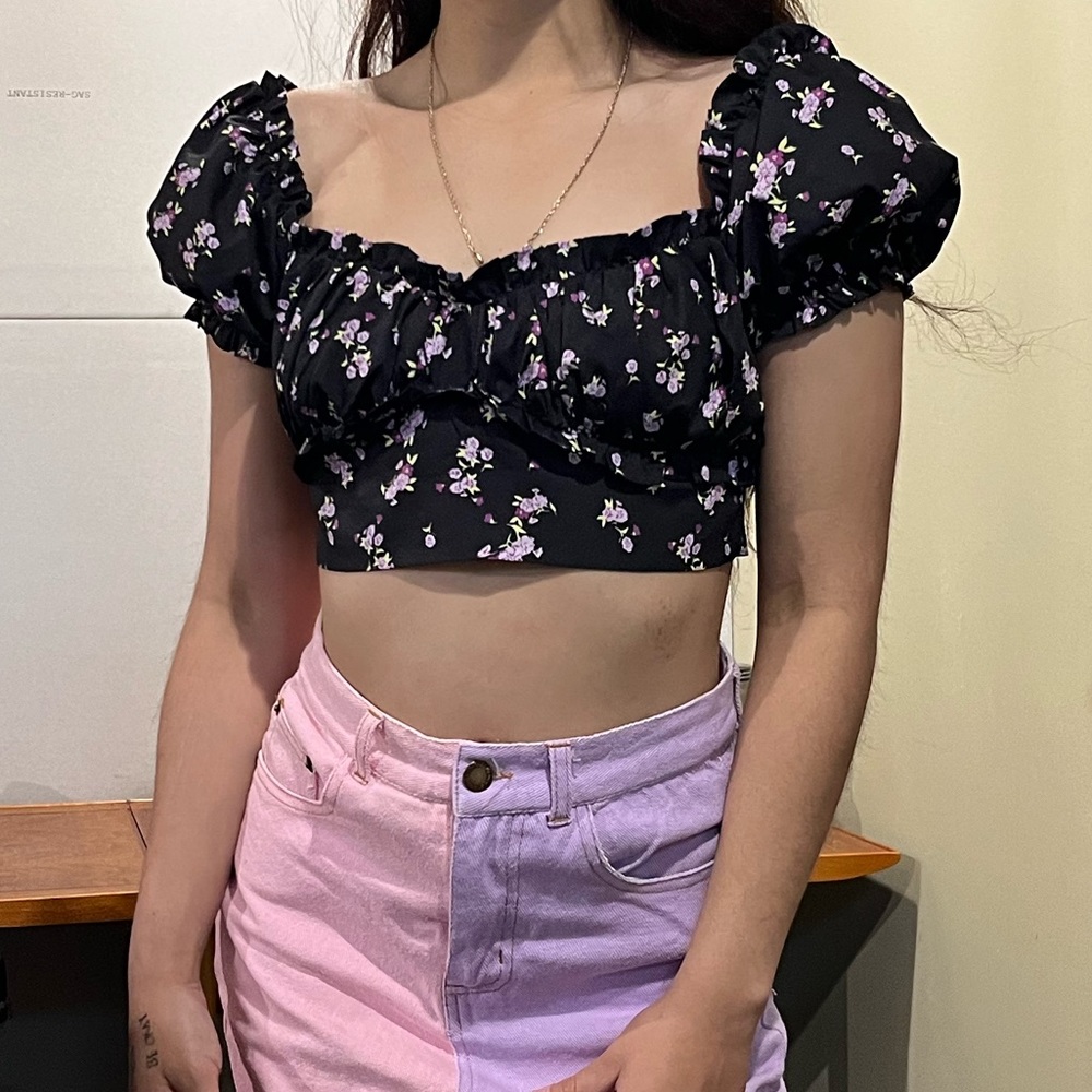 Black flower print bustier crop top